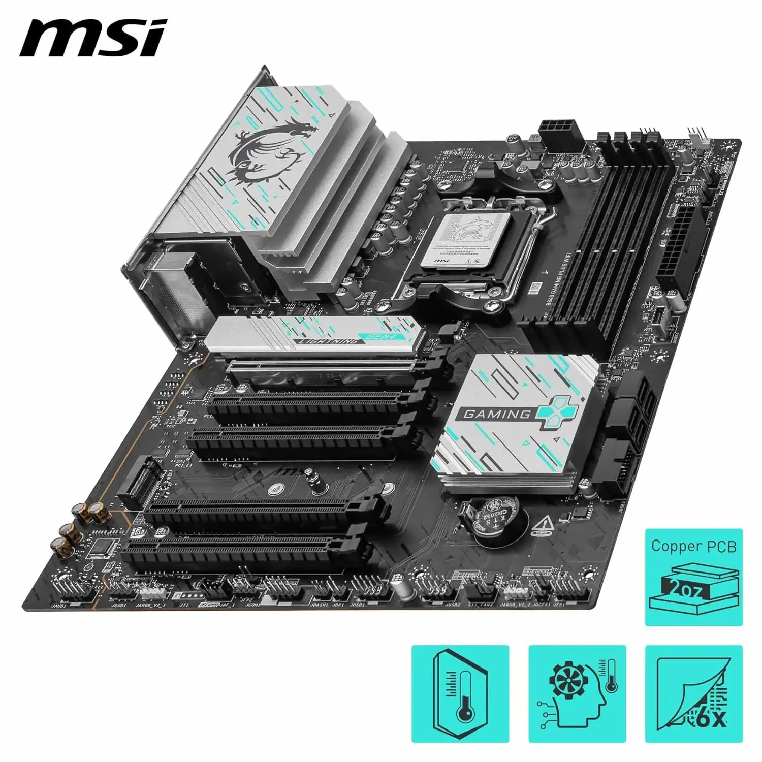 MSI B840 Gaming Plus WiFi Motherboard, ATX - Supports AMD Ryzen 9000/8000/7000 Processors, AM5 - DDR5 Memory Boost 8000+ MT/s (OC), PCIe 4.0 x16, M.2 Gen4, Wi-Fi 7, 2.5G LAN - Image 2