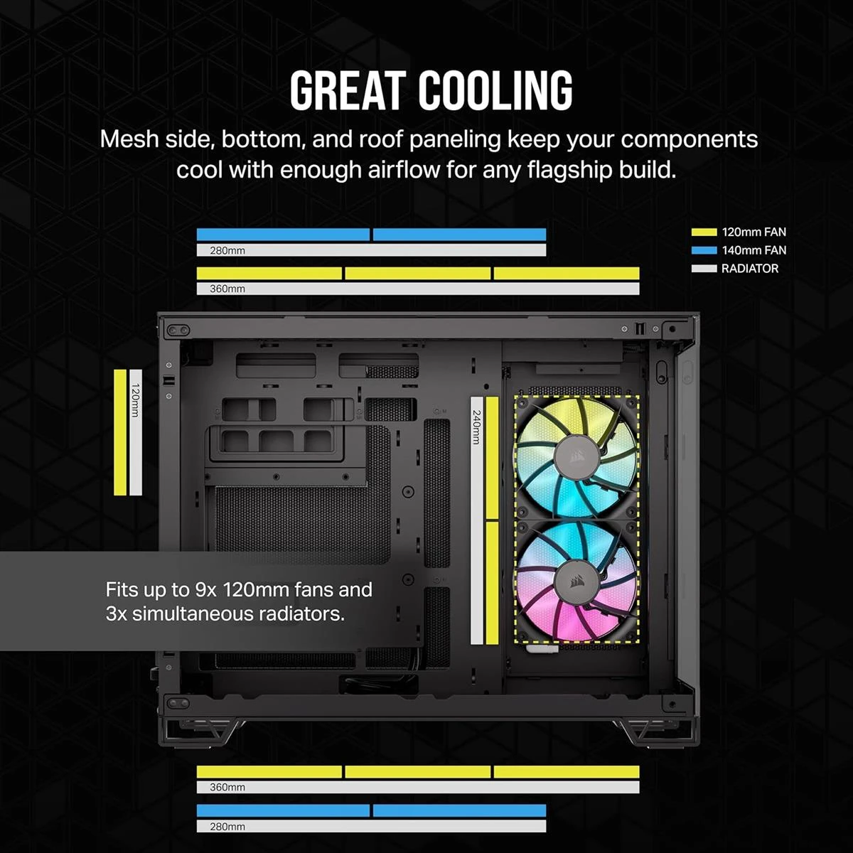 Corsair iCUE Link 2500X RGB Small-Tower mATX Dual Chamber PC Case, Panoramic Tempered Glass, Reverse Connection Motherboard Compatible, 2x Corsair RX120 RGB Fans Included – Black - Image 4