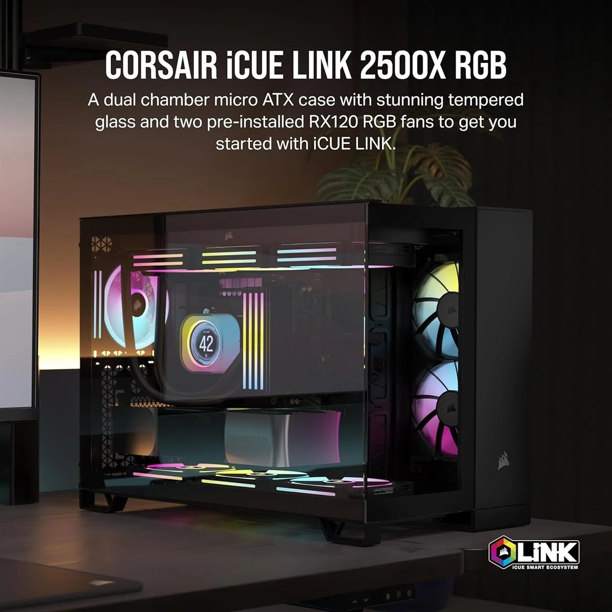 Corsair iCUE Link 2500X RGB Small-Tower mATX Dual Chamber PC Case, Panoramic Tempered Glass, Reverse Connection Motherboard Compatible, 2x Corsair RX120 RGB Fans Included – Black - Image 5