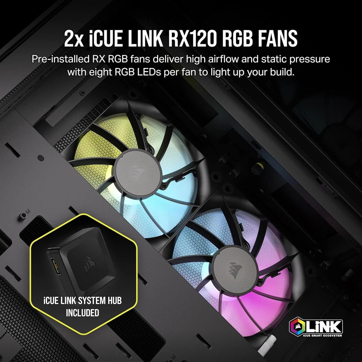 Corsair iCUE Link 2500X RGB Small-Tower mATX Dual Chamber PC Case, Panoramic Tempered Glass, Reverse Connection Motherboard Compatible, 2x Corsair RX120 RGB Fans Included – Black - Image 6