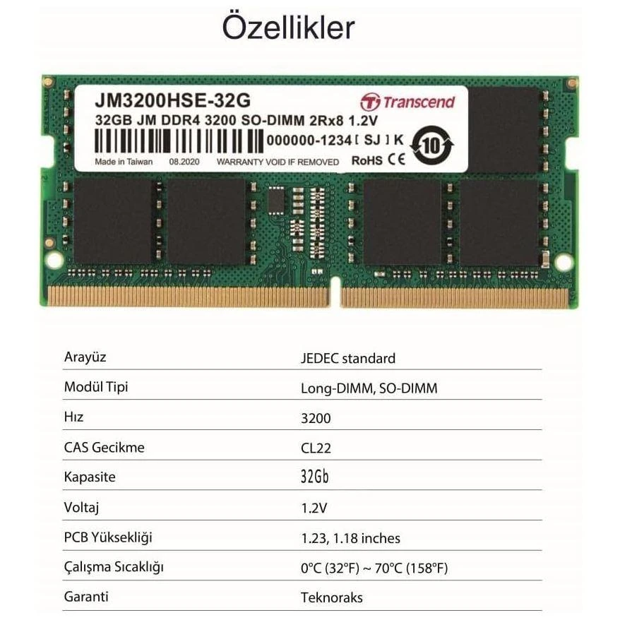 Transcend JetFlash 32GB (1x32GB) 3200MHz C22 DDR4 SO-DIMM Laptop Memory - Image 3