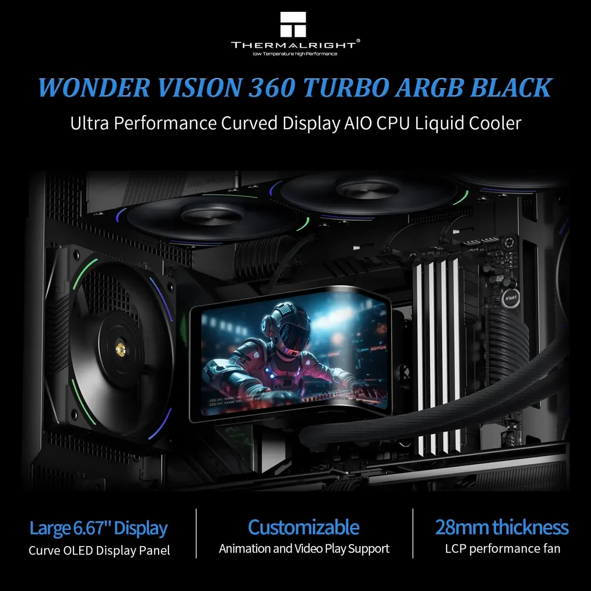 Thermalright Wonder Vision 360 Turbo ARGB Black CPU Liquid Cooler, 6.67" 3D Curved Screen with 2400x1080 Resolutions, Magnetic Panel Screen, 360MM AIO - Image 2