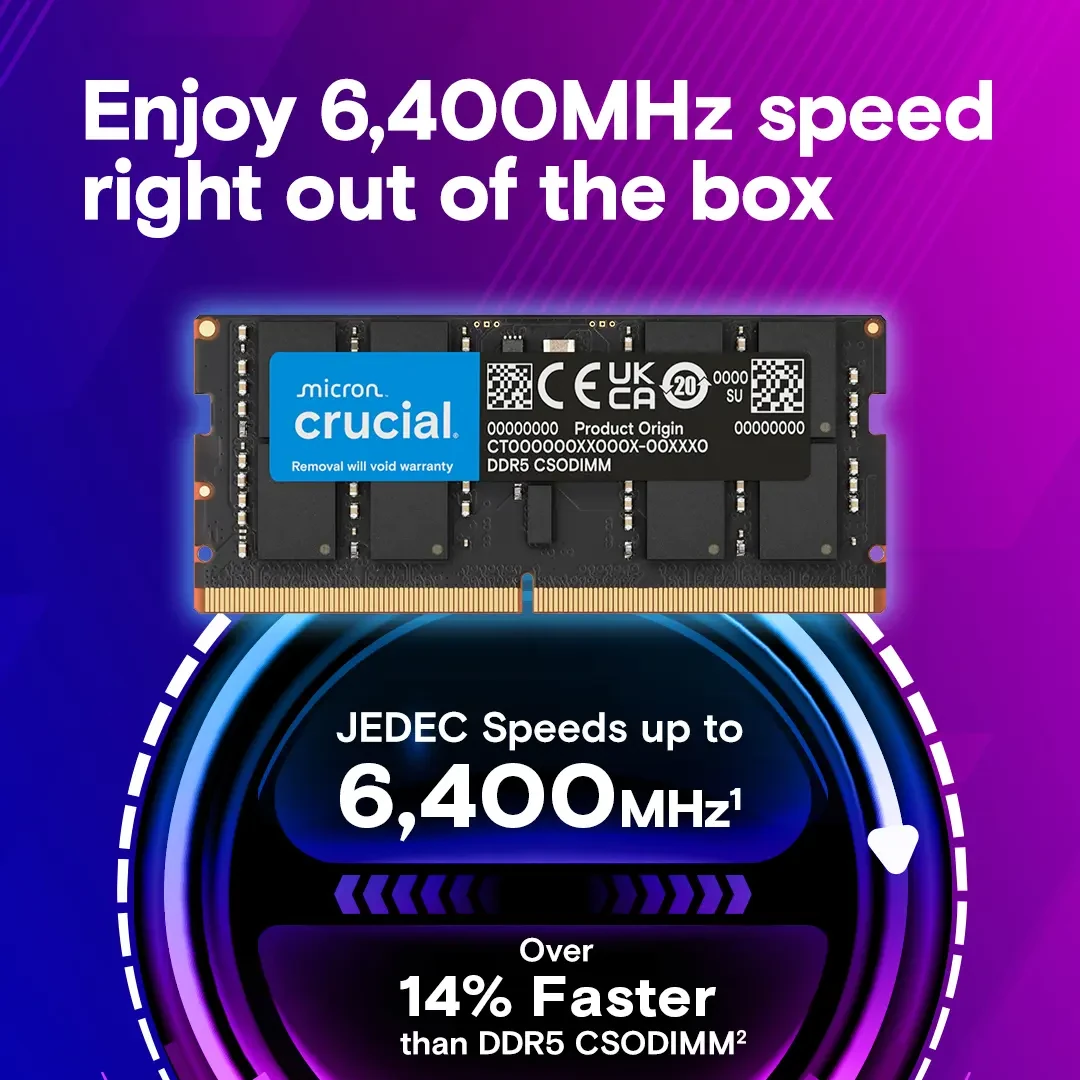 Crucial 32GB (16GBx2) 6400MHz CL52 DDR5 Laptop CSODIMM Memory Kit - Image 2