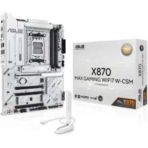 Asus X870 Max Gaming Wifi7 W AMD AM5 ATX Motherboard, 8-Layer White PCB, 12+2+1 80A DrMOS, DDR5, PCIe 5.0 x16 Q-Release, 3x M.2, Wi-Fi 7 Q-Antenna, USB4 Type-C, 2.5Gb LAN, BIOS FlashBack, Aura Sync