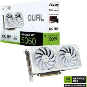 Asus Dual GeForce RTX 5060 White OC Edition 8GB GDDR7 Graphics Card (PCIe 5.0, 8GB GDDR7, DLSS 4, HDMI 2.1b, DisplayPort 2.1b, 2.5-Slot Design, Axial-tech Fan Design, 0dB Technology, and More)