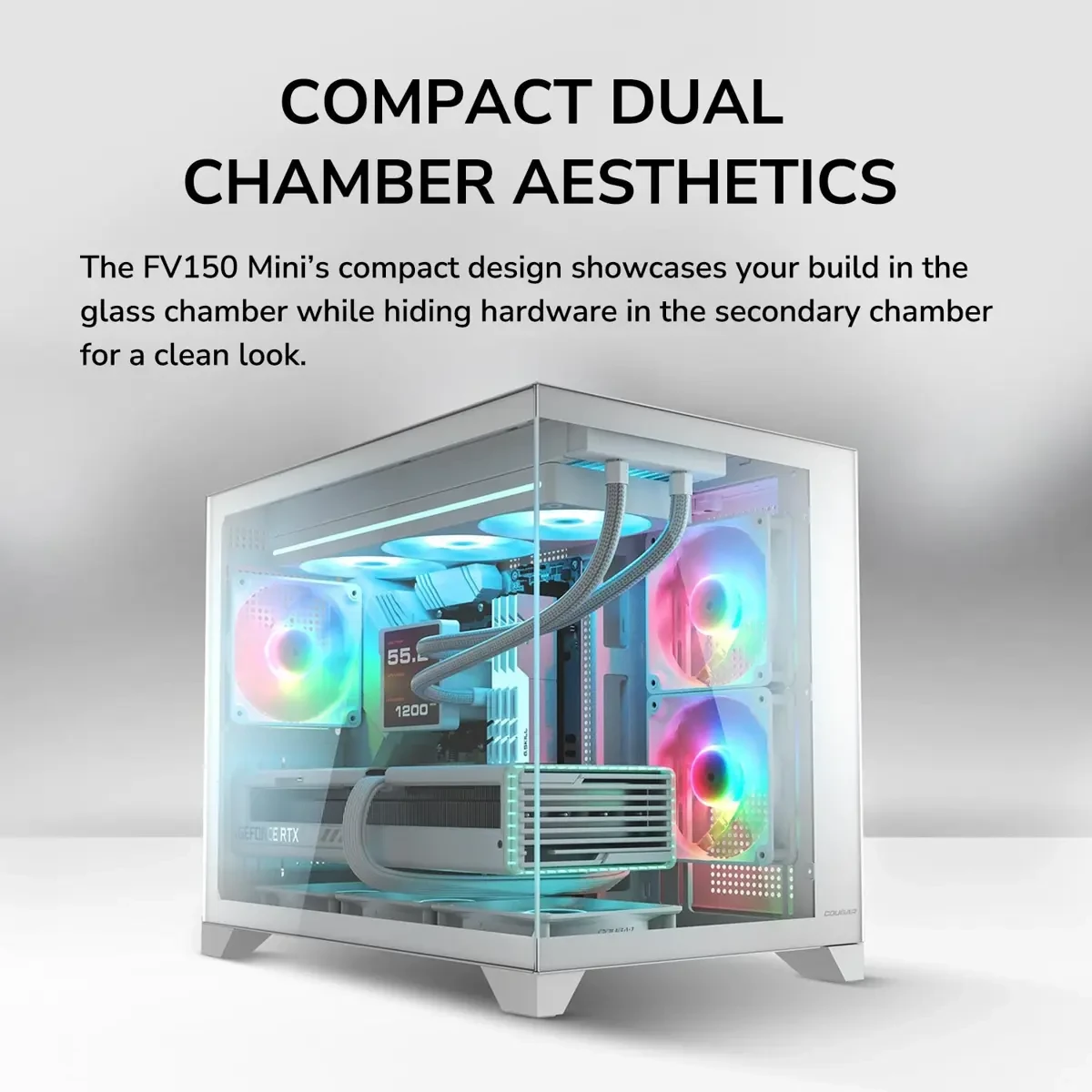 Cougar FV150 Mini RGB Gaming Case Mini Tower microATX, Up to 400mm GPU Supported, Pre-Installed Fans 2x120mm F-RGB M/B Side and 1x120mm F-RGB Rear, White - Image 2