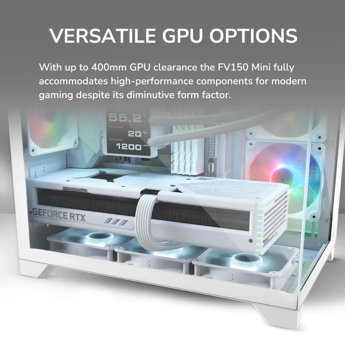 Cougar FV150 Mini RGB Gaming Case Mini Tower microATX, Up to 400mm GPU Supported, Pre-Installed Fans 2x120mm F-RGB M/B Side and 1x120mm F-RGB Rear, White - Image 3