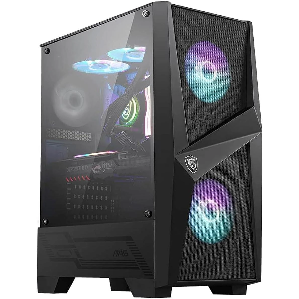 MSI MAG Forge 100R Mid Tower Gaming Computer Case - Black, 2x 120 mm ARGB PWM Fan, 1x 120 mm Fan, 1-6 ARGB Hub, Mystic Light Sync, Tempered Glass Panel, ATX, mATX, Mini-ITX