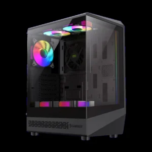 GameMax Vista COC AB ATX Mid-Tower Gaming Case, Front and Side Tempered Glass Panels, 5x120mm ARGB Fans, Patented COC Cooling Fan, Black