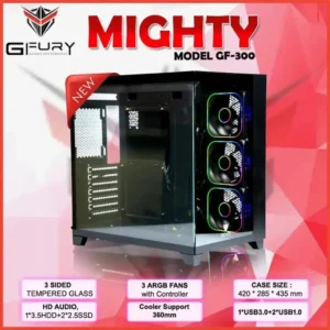 GFury Mighty GF-300 Tempered Glass Mid-Tower ATX Gaming Case, 3x ARGB Fans, Black
