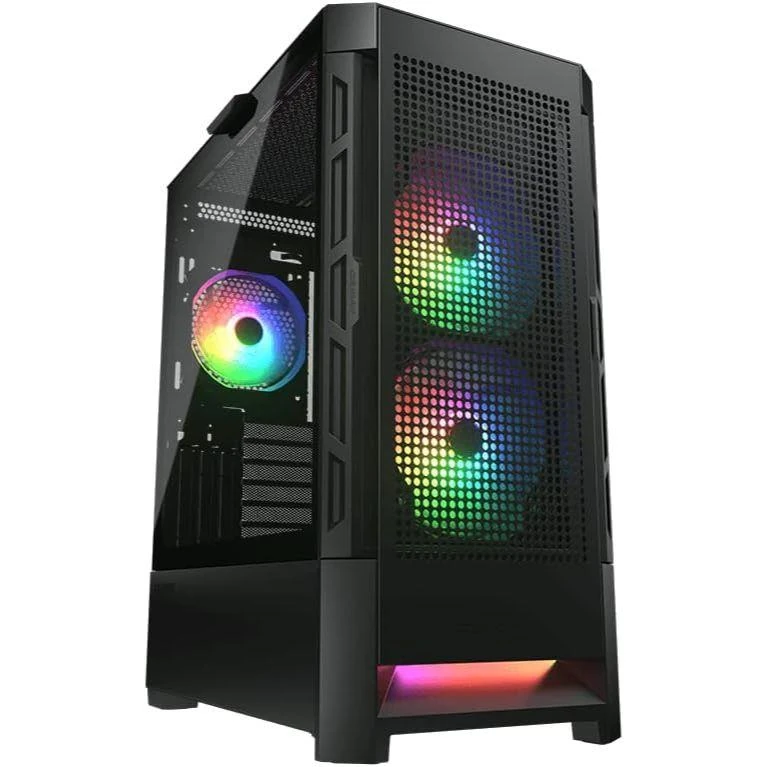 Cougar Airface RGB E-ATX Mid Tower PC Case, Tempered Glass, Mesh Front Panels, Up to 280mm Radiator Support, Pre-Installed ARGB Fans, LED Strip - Black
