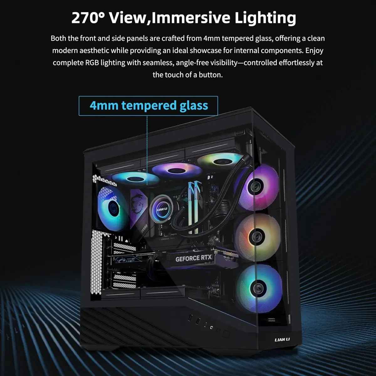 Lian Li Vector V100 ATX Mid-Tower PC Case, 4 x 120mm ARGB PWM Fans Pre-Installed, LED RGB Strip, Display Platform with Tempered Glass, Support 420mm GPUs, 360mm Radiator, Optimized Airflow - Black - Image 2