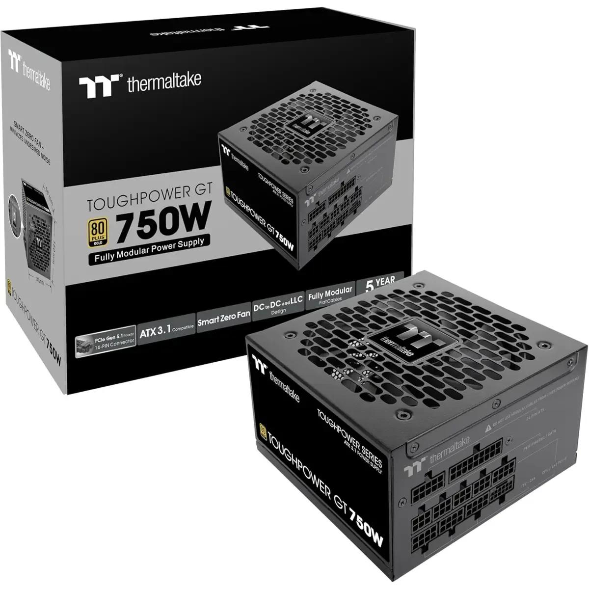 Thermaltake ToughPower GT 750W ATX 3.1 Standard Power Supply - 80 Plus Gold Efficiency, Fully Modular, Smart Zero Fan, Native 300W PCIe 5.1 Connector
