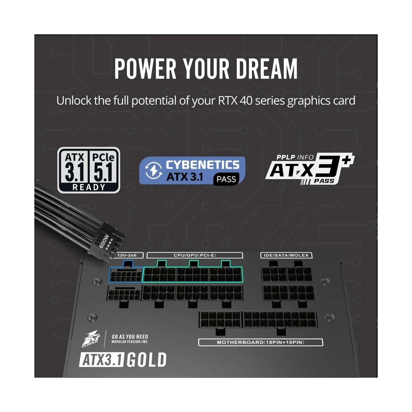 1st Player NGDP 850W Fully Modular PSU, 80 Plus Gold/Cybenetics Platinum/PPLP Gold, ATX 3.1 / PCI-E 5.1, Low Noise FDB Fan, Zero RPM, Japanese Electrolyte Capacitor - Image 7