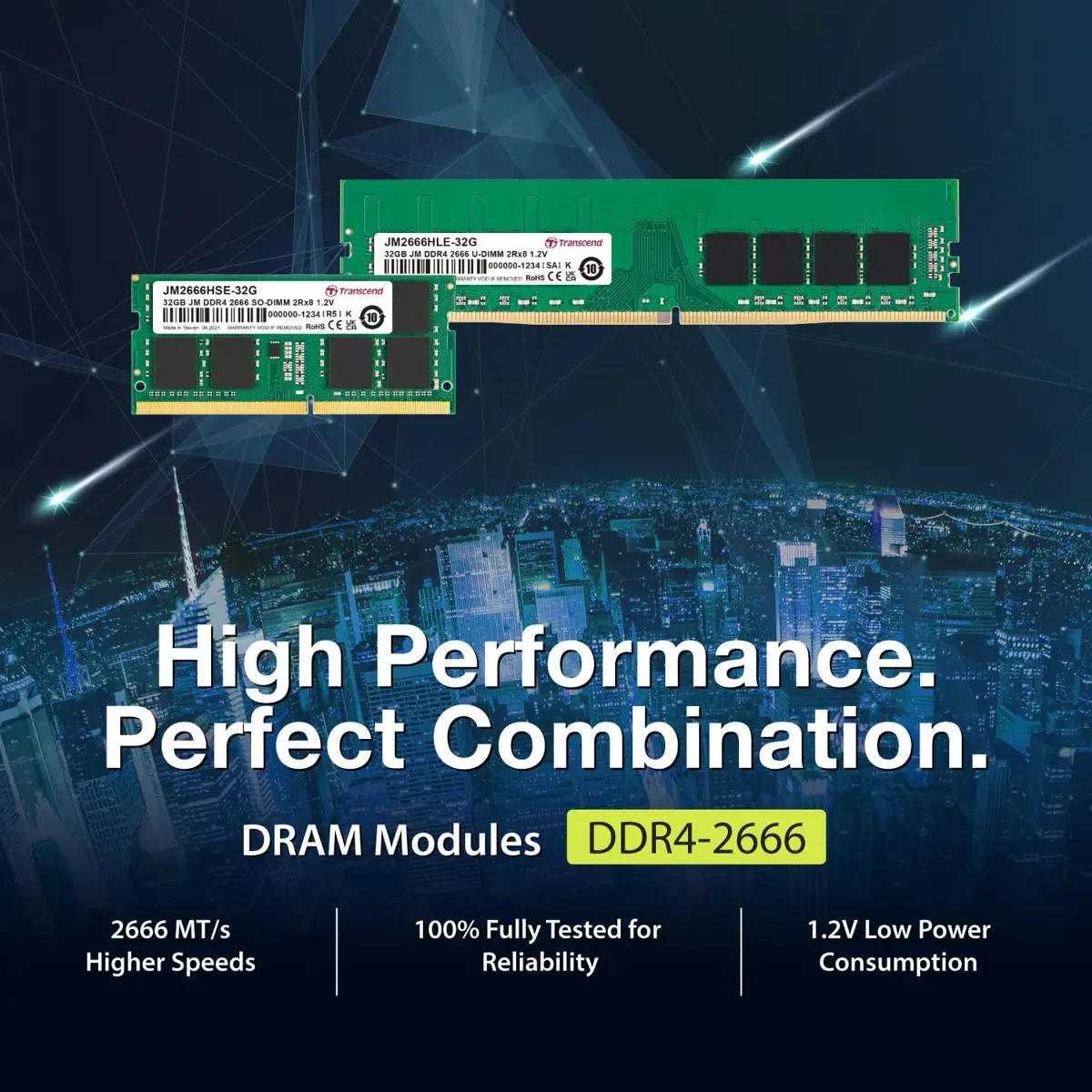 Transcend 16GB DDR4 2666MHz Desktop Memory, JetRam Memory, DRAM Chips up to 21GB/s - 288 pin, 1Rx8, CL19, DIMM Type, Unbuffered Long-DIMM, U-DIMM - Image 2