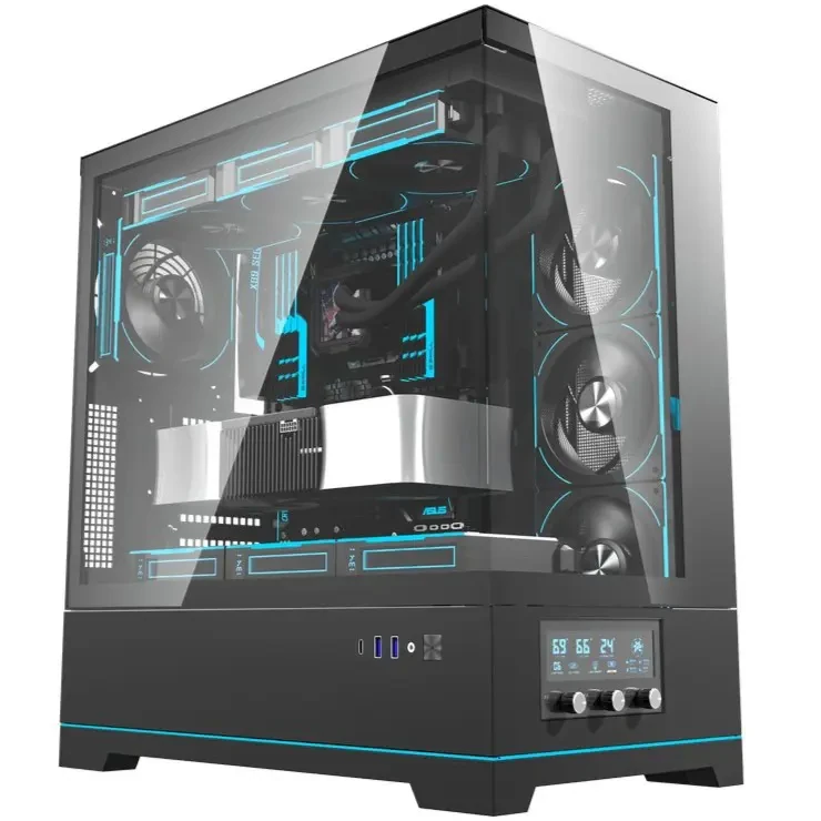 DarkFlash DY451 Pro Tempered Glass ATX PC Case, 2x USB 3.0, 1x Type-C, Four-Level Cooling System, Adjustable Fan Speed, Temperature Digital Display, 1x Pre-Installed ARGB Fan - Black