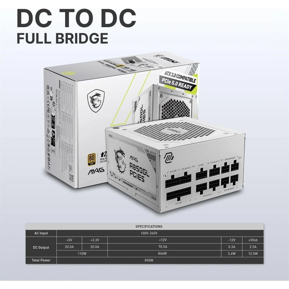 MSI MAG A850GL PCIE 5 White Gaming Power Supply, Full Modular, 80 Plus Gold Certified 850W, Compact Size, ATX PSU - Image 3