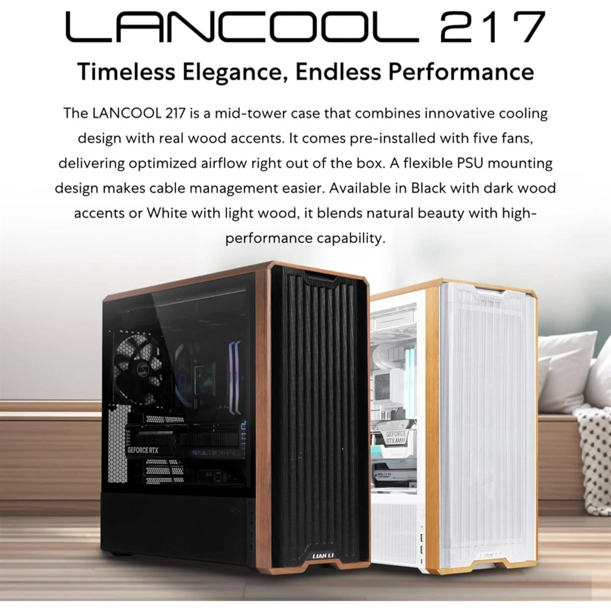 Lian Li Lancool 217 Genuine Walnut Wood Computer Case, Mid-Tower ATX PC Case with 5 Pre-Installed PWM Fans 2x170mm, 2x120mm & 1x140mm, Flexible PSU & Cable Installation - White - Image 2