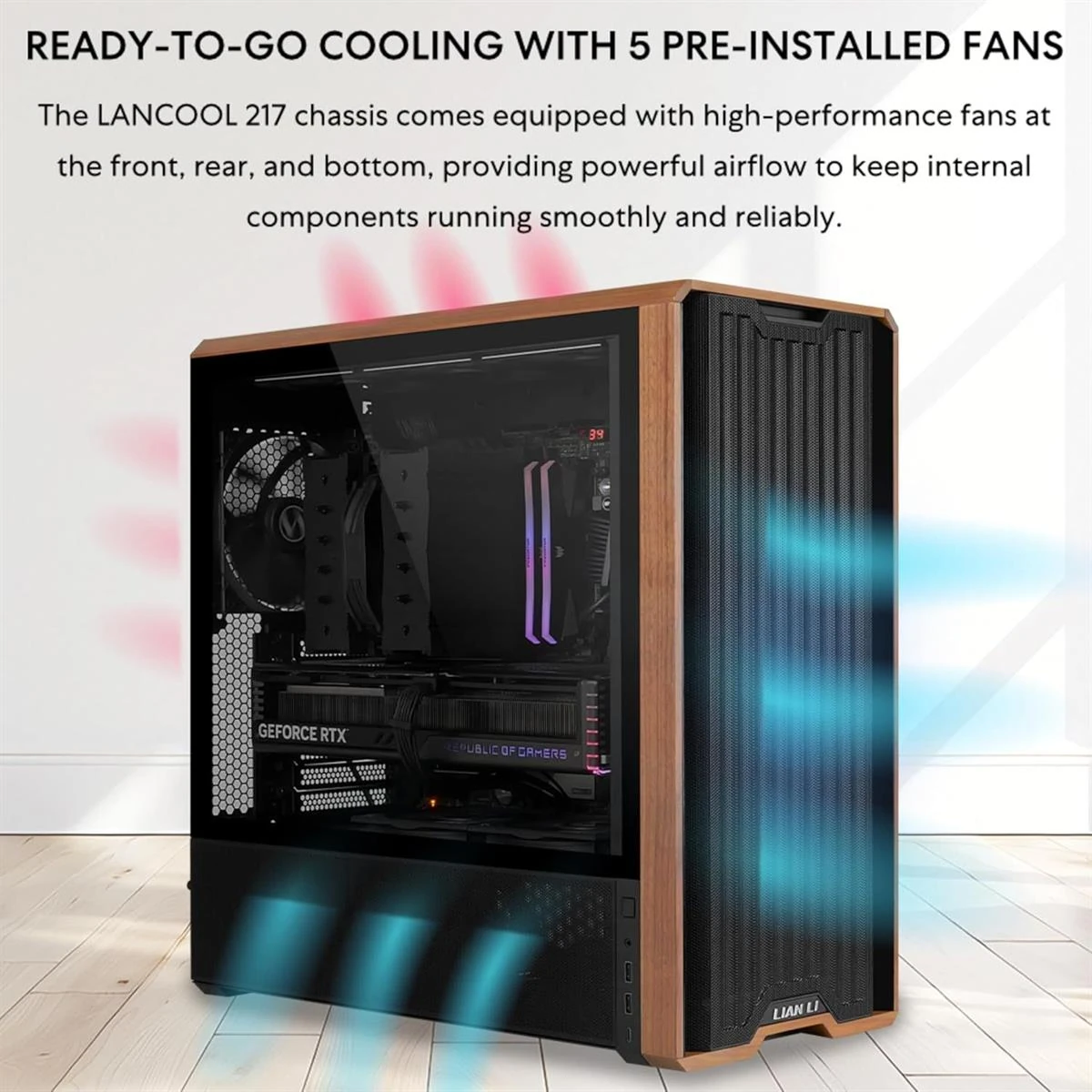 Lian Li Lancool 217 Genuine Walnut Wood Computer Case, Mid-Tower ATX PC Case with 5 Pre-Installed PWM Fans 2x170mm, 2x120mm & 1x140mm, Flexible PSU & Cable Installation - White - Image 3