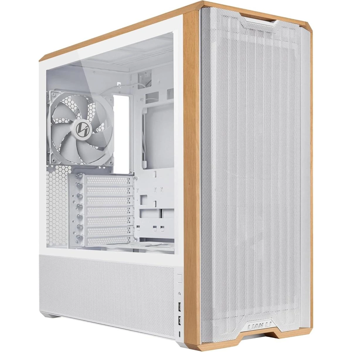 Lian Li Lancool 217 Genuine Walnut Wood Computer Case, Mid-Tower ATX PC Case with 5 Pre-Installed PWM Fans 2x170mm, 2x120mm & 1x140mm, Flexible PSU & Cable Installation - White