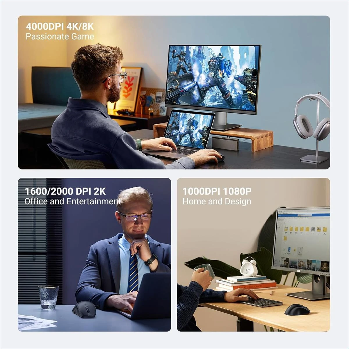 Ugreen Wireless Mouse, Ergonomic Bluetooth 5.0 Mouse for Laptop, 2.4G Cordless Mouse with USB Receiver, 1000/1600/2000/4000 DPI, 5 Buttons Silent Mice for MacBook, PC, Desktop, Chromebook, Black - Image 5