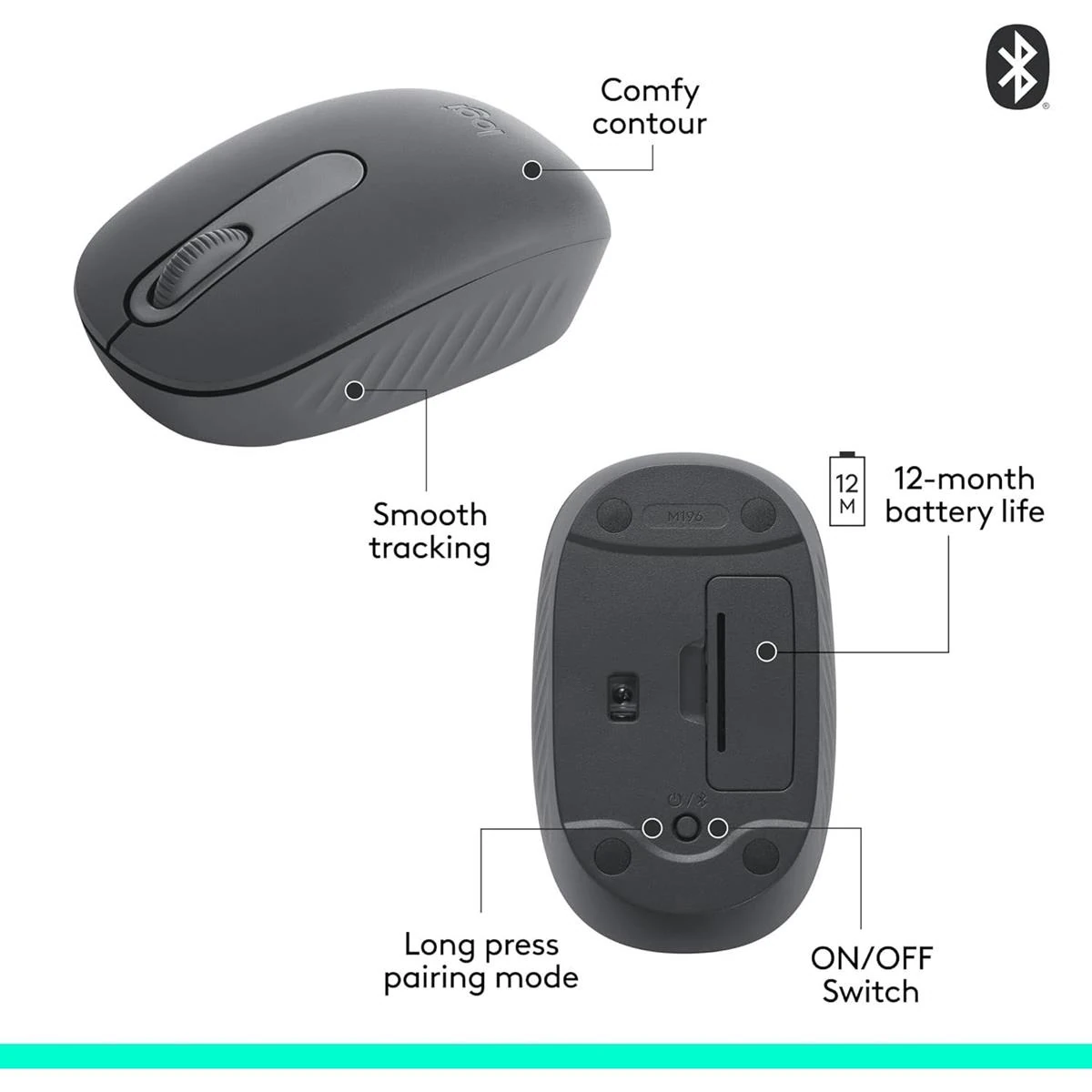 Logitech M196 Bluetooth Wireless Mouse, Compact and Portable Mouse for Laptops, Tablets and More, 12-Month Battery, Smooth Tracking, Compatible with PC and Mac, Windows and macOS - Graphite - Image 7