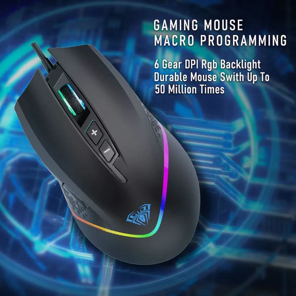 Aula Wind F805 Gaming Mouse with Cable, RGB LED Lighting, Programmable Buttons, 6400 DPI Ergonomic Optical Games Mice for PC/Mac Desktop, Laptop Computer Games Mouse (Black) - Image 2