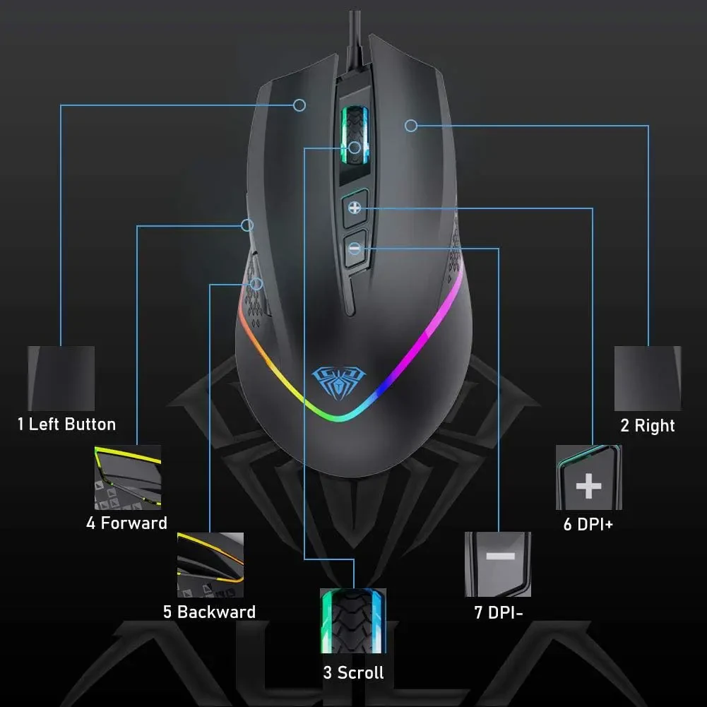 Aula Wind F805 Gaming Mouse with Cable, RGB LED Lighting, Programmable Buttons, 6400 DPI Ergonomic Optical Games Mice for PC/Mac Desktop, Laptop Computer Games Mouse (Black) - Image 3