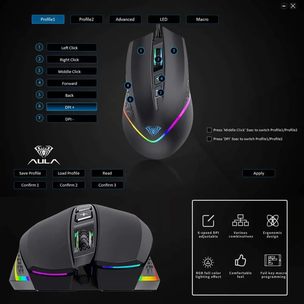 Aula Wind F805 Gaming Mouse with Cable, RGB LED Lighting, Programmable Buttons, 6400 DPI Ergonomic Optical Games Mice for PC/Mac Desktop, Laptop Computer Games Mouse (Black) - Image 6