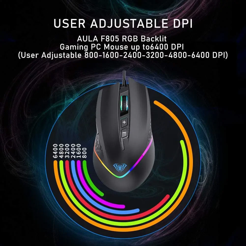 Aula Wind F805 Gaming Mouse with Cable, RGB LED Lighting, Programmable Buttons, 6400 DPI Ergonomic Optical Games Mice for PC/Mac Desktop, Laptop Computer Games Mouse (Black) - Image 8