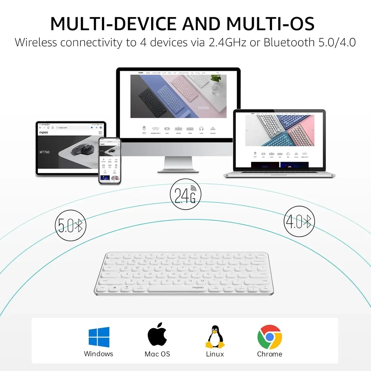Rapoo E9050L Bluetooth Wireless Multi-Device Keyboard (4 Devices), Rechargeable, Led Indicators, Ultra-Thin, Ergonomic, Compatible with Windows, iOS, Android, Tab, Smartphones - White - Image 3
