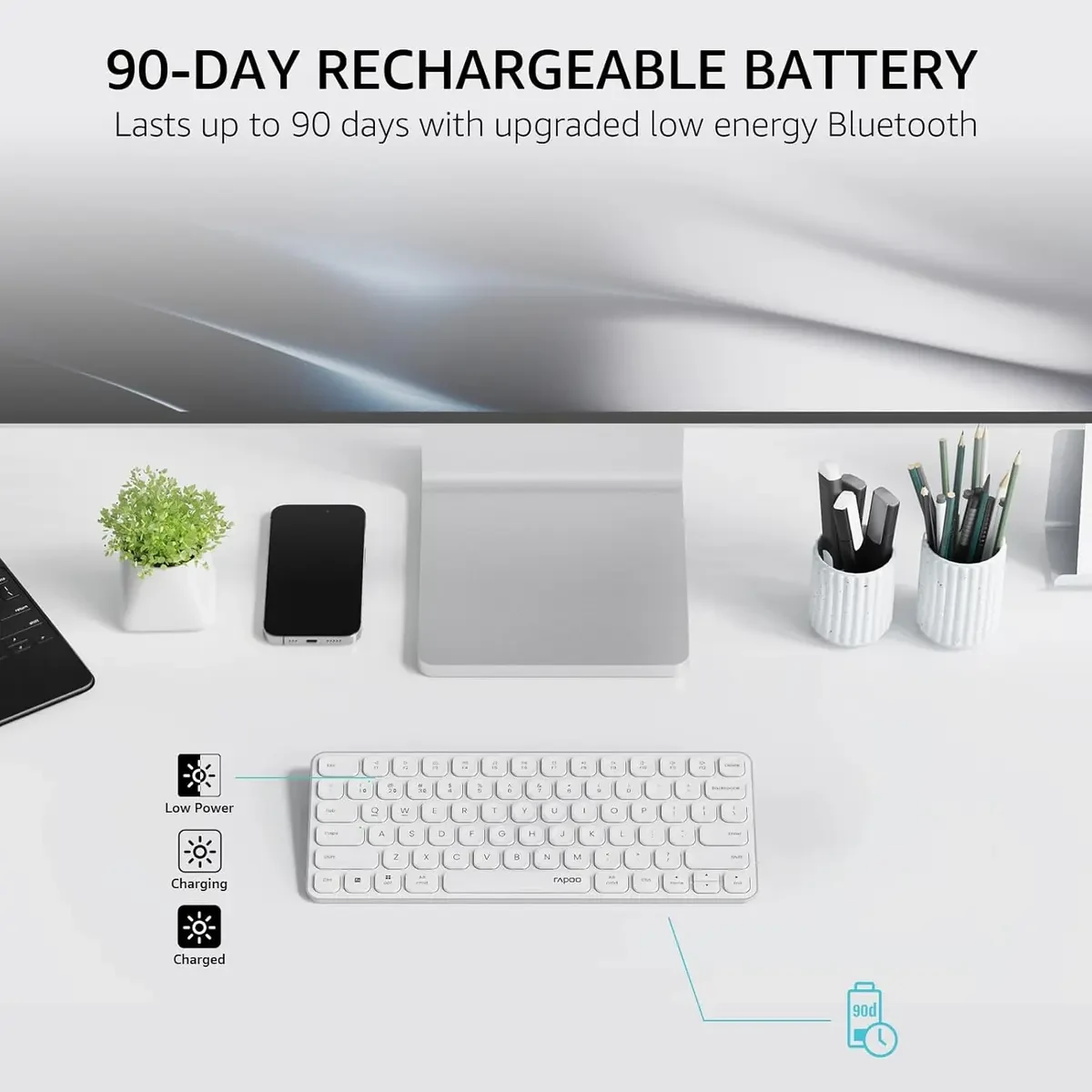 Rapoo E9050L Bluetooth Wireless Multi-Device Keyboard (4 Devices), Rechargeable, Led Indicators, Ultra-Thin, Ergonomic, Compatible with Windows, iOS, Android, Tab, Smartphones - White - Image 4