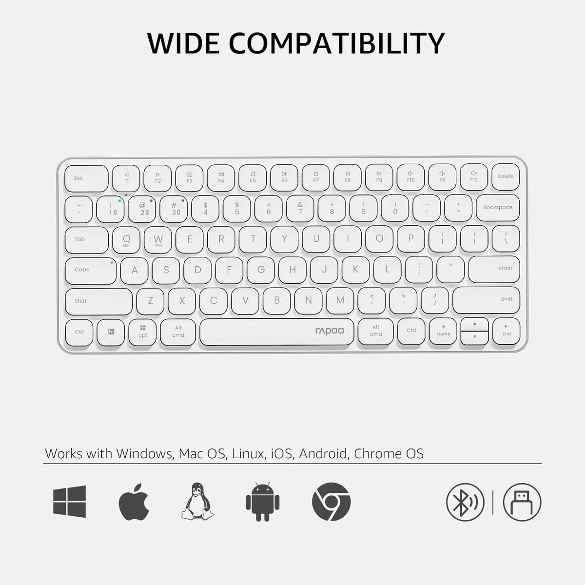 Rapoo E9050L Bluetooth Wireless Multi-Device Keyboard (4 Devices), Rechargeable, Led Indicators, Ultra-Thin, Ergonomic, Compatible with Windows, iOS, Android, Tab, Smartphones - White - Image 8