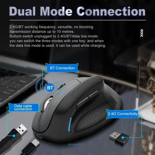 E-Yooso X45 Ergonomic Mouse, Wireless Vertical Mouse with 6 Buttons, 5 Adjustable DPI Levels, Up to 4800 DPI, 2.4G and Bluetooth, Wired Optical Vertical Mice for Windows, Mac, Laptop, Desktop (Black) - Image 2