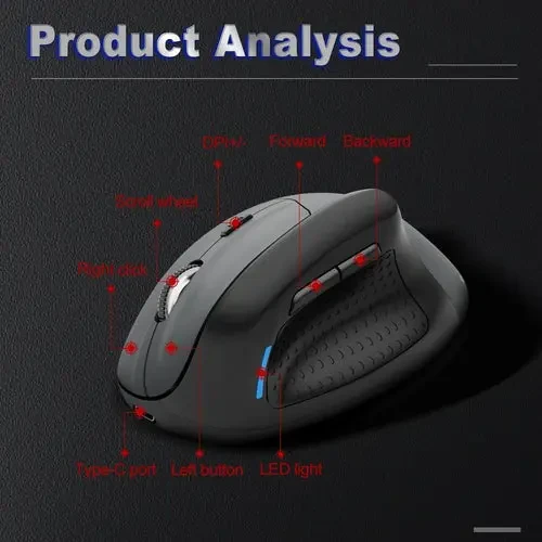 E-Yooso X45 Ergonomic Mouse, Wireless Vertical Mouse with 6 Buttons, 5 Adjustable DPI Levels, Up to 4800 DPI, 2.4G and Bluetooth, Wired Optical Vertical Mice for Windows, Mac, Laptop, Desktop (Black) - Image 4