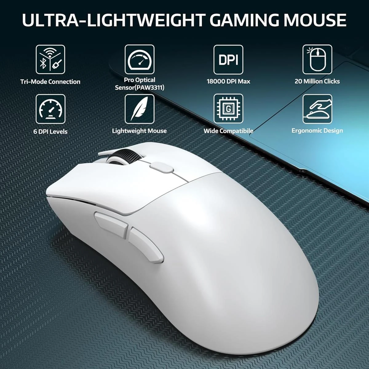 Attack Shark R1 Wireless Gaming Mouse, Tri-Mode Connection (2.4G/Wired/BT5.2), 55g Lightweight, 18K DPI Optical Sensor, HUYU 20 Million Key Life, Ergonomic Design, for PC/Laptop/Win/Mac - White - Image 2