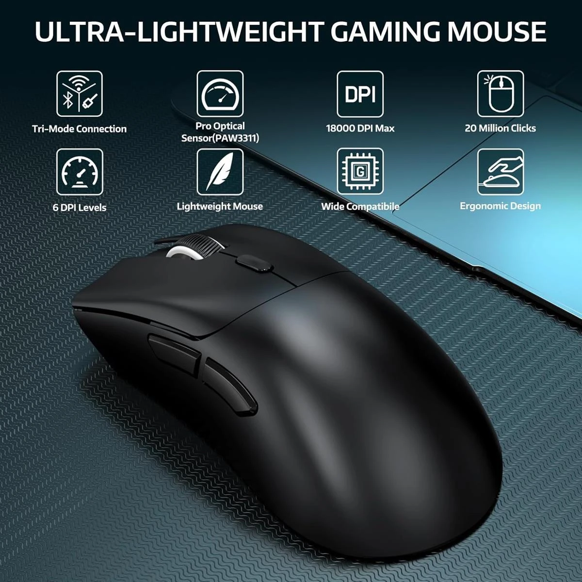 Attack Shark R1 Wireless Gaming Mouse, Tri-Mode Connection (2.4G/Wired/BT5.2), 55g Lightweight, 18K DPI Optical Sensor, HUYU 20 Million Key Life, Ergonomic Design, for PC/Laptop/Win/Mac - Black - Image 2