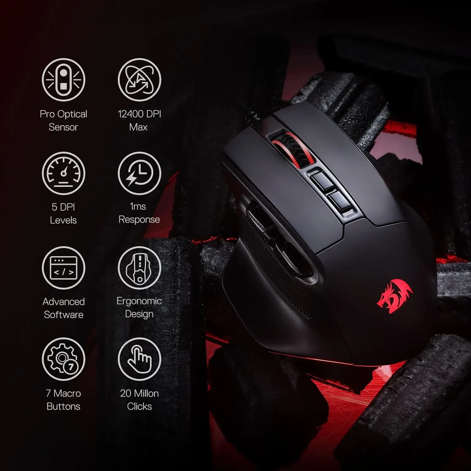 Redragon M806 Bullseye Gaming Mouse, 7 Programmable Buttons Wired RGB Gamer Mouse w/Ergonomic Natural Grip Build, Software Supports DIY Keybinds & Backlit - Black - Image 3