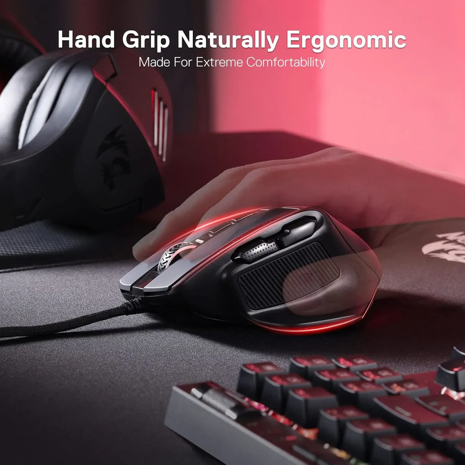 Redragon M806 Bullseye Gaming Mouse, 7 Programmable Buttons Wired RGB Gamer Mouse w/Ergonomic Natural Grip Build, Software Supports DIY Keybinds & Backlit - Black - Image 5