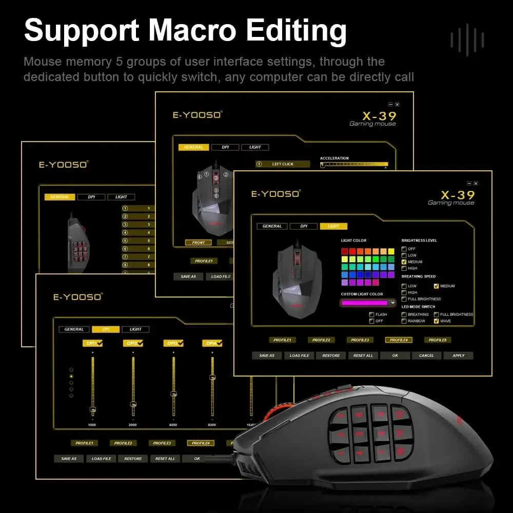 E-Yooso X39 Wired Gaming Mouse, PAW3327, RGB Backlit, 10 Macro Side Buttons, 16400 Max DPI, 19 Programmable Buttons, Rapid Fire Button, Adjustable Weight Drums, Black - Image 4