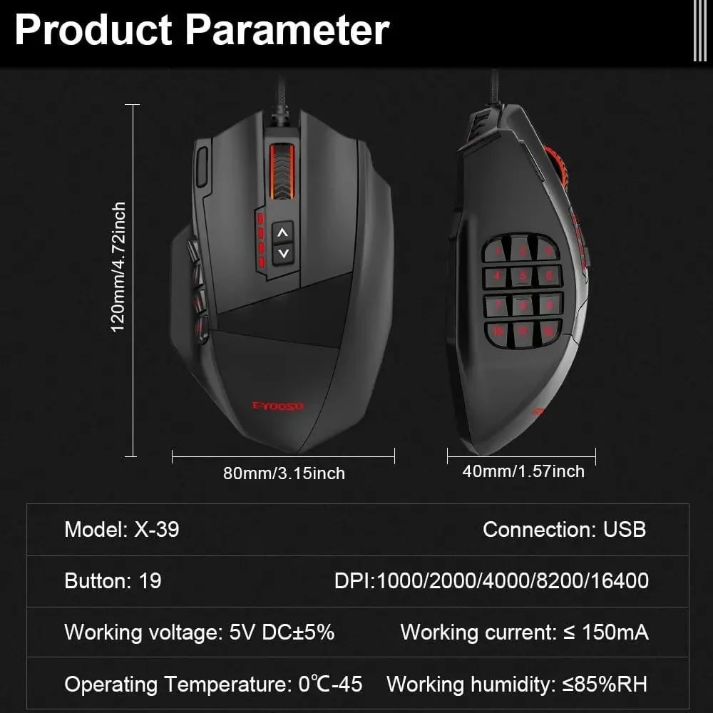 E-Yooso X39 Wired Gaming Mouse, PAW3327, RGB Backlit, 10 Macro Side Buttons, 16400 Max DPI, 19 Programmable Buttons, Rapid Fire Button, Adjustable Weight Drums, Black - Image 6