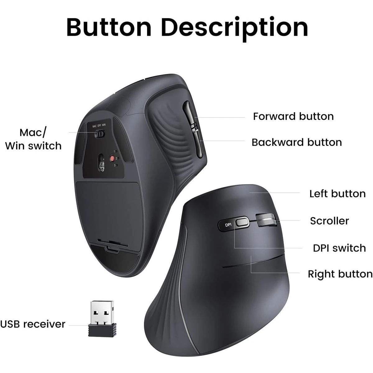 Ugreen Vertical Mouse Wireless (Bluetooth 5.0+2.4G) Ergonomic Mouse with 5 Buttons, 1000/1600/2000/4000 DPI, Prevention of Mouse Arm, Vertical Mouse Compatible with PC/Laptop/Tablet, Black - Image 3