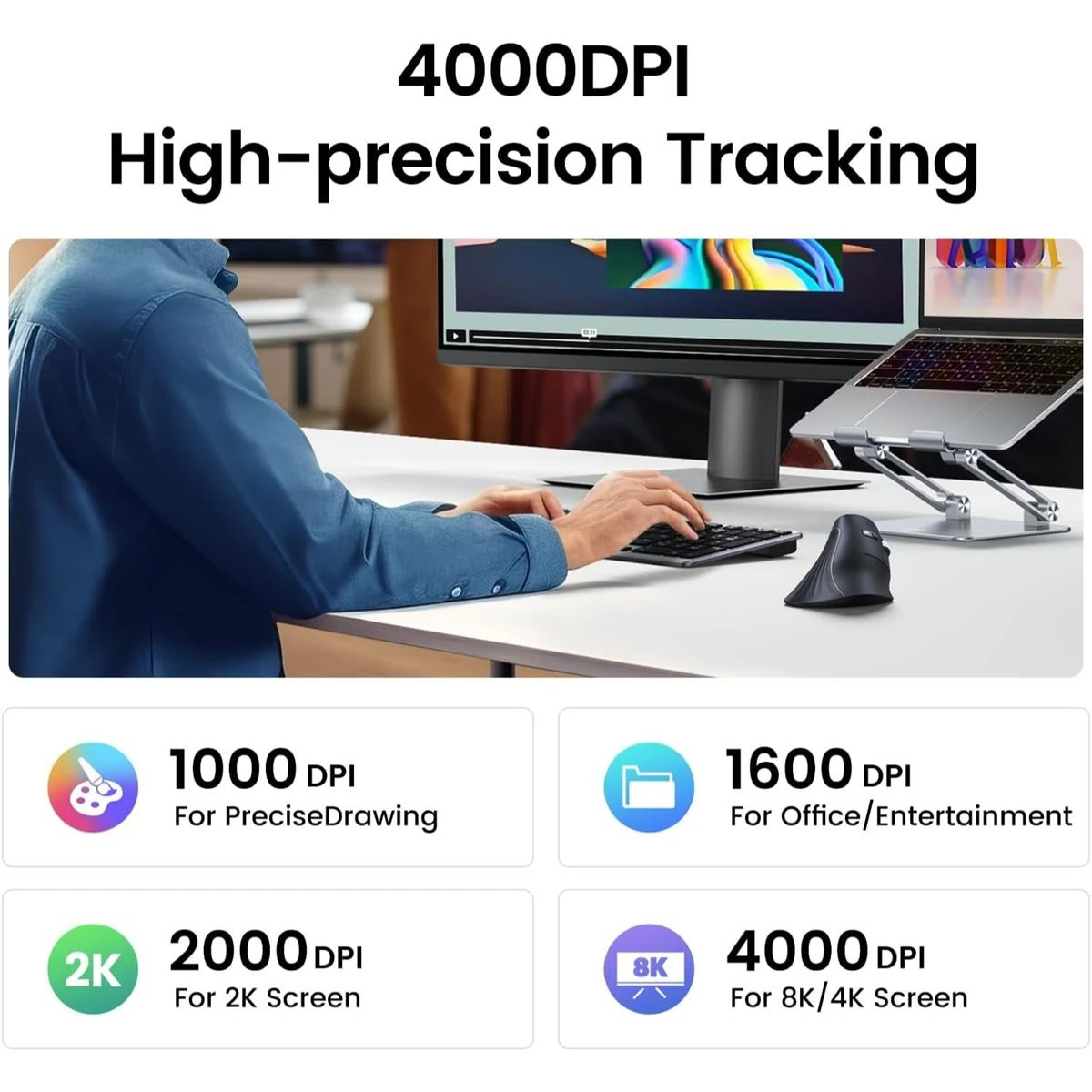 Ugreen Vertical Mouse Wireless (Bluetooth 5.0+2.4G) Ergonomic Mouse with 5 Buttons, 1000/1600/2000/4000 DPI, Prevention of Mouse Arm, Vertical Mouse Compatible with PC/Laptop/Tablet, Black - Image 4