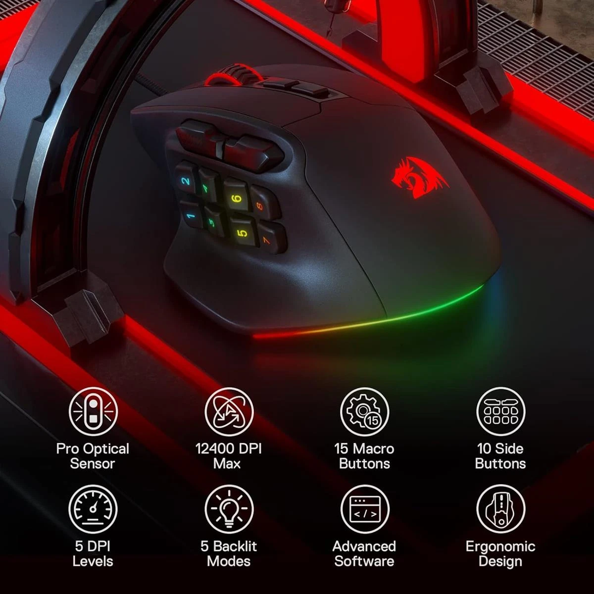 Redragon M811 Aatrox MMO Gaming Mouse, 15 Programmable Buttons Wired RGB Mouse w/Ergonomic Natural Grip Build, 10 Side Macro Keys, Software Supports DIY Keybinds & Backlit - Image 3