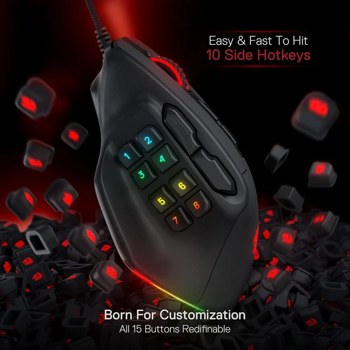 Redragon M811 Aatrox MMO Gaming Mouse, 15 Programmable Buttons Wired RGB Mouse w/Ergonomic Natural Grip Build, 10 Side Macro Keys, Software Supports DIY Keybinds & Backlit - Image 6