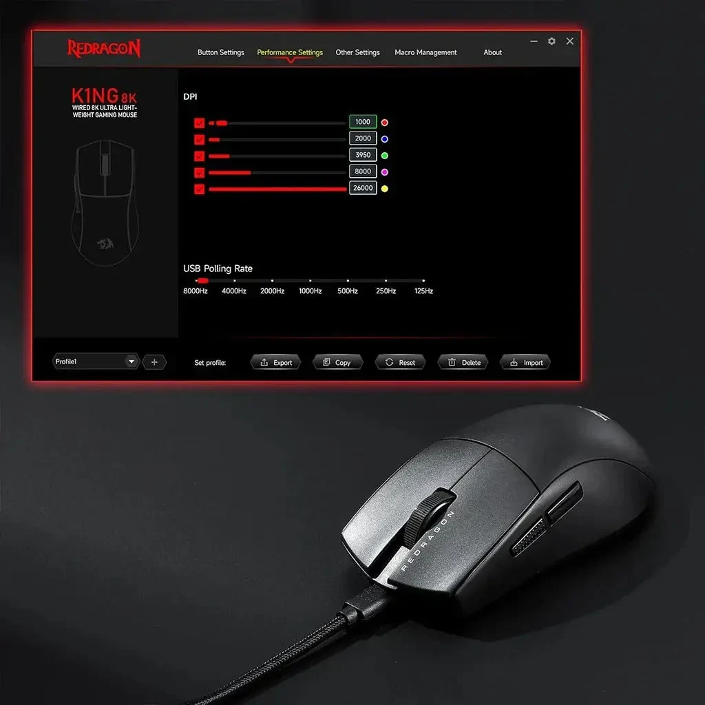 Redragon K1ng 8K M996 Wired Gaming Mouse, 42G Ultra-Light 26K Max DPI Optical Gaming Mouse with 5 Programmable Buttons, Ergonomic Natural Grip Build, Software Supports DIY Keybinds & DPI, Black - Image 3