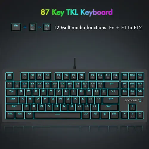 E-Yooso Z737 Combo Set - Full Keyboard, RGB Mouse, Mousepad, TKL Mechanical Keyboard, Blue Switches, Ice Blue Backlight, RGB Sidelight, Honey Comb Mouse, 10x10 Mousepad, Black - Image 2