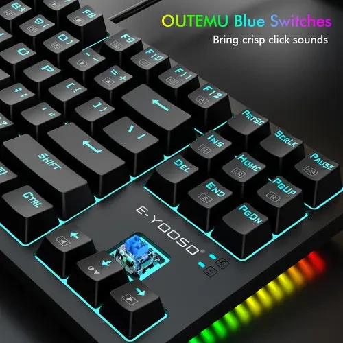 E-Yooso Z737 Combo Set - Full Keyboard, RGB Mouse, Mousepad, TKL Mechanical Keyboard, Blue Switches, Ice Blue Backlight, RGB Sidelight, Honey Comb Mouse, 10x10 Mousepad, Black - Image 7