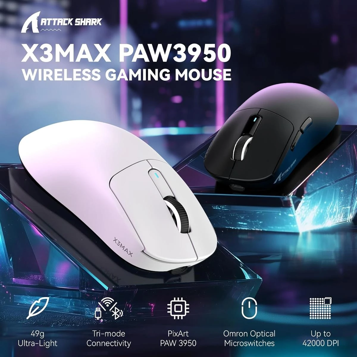 Attack Shark X3Max Wireless Gaming Mouse, PixArt PAW3950 Gaming Sensor, Up to 42K DPI, 100 Million Micro, 49g Lightweight Tri-Mode (BT5.2/2.4GHz/Wired) - White (with Grip Tape) - Image 2