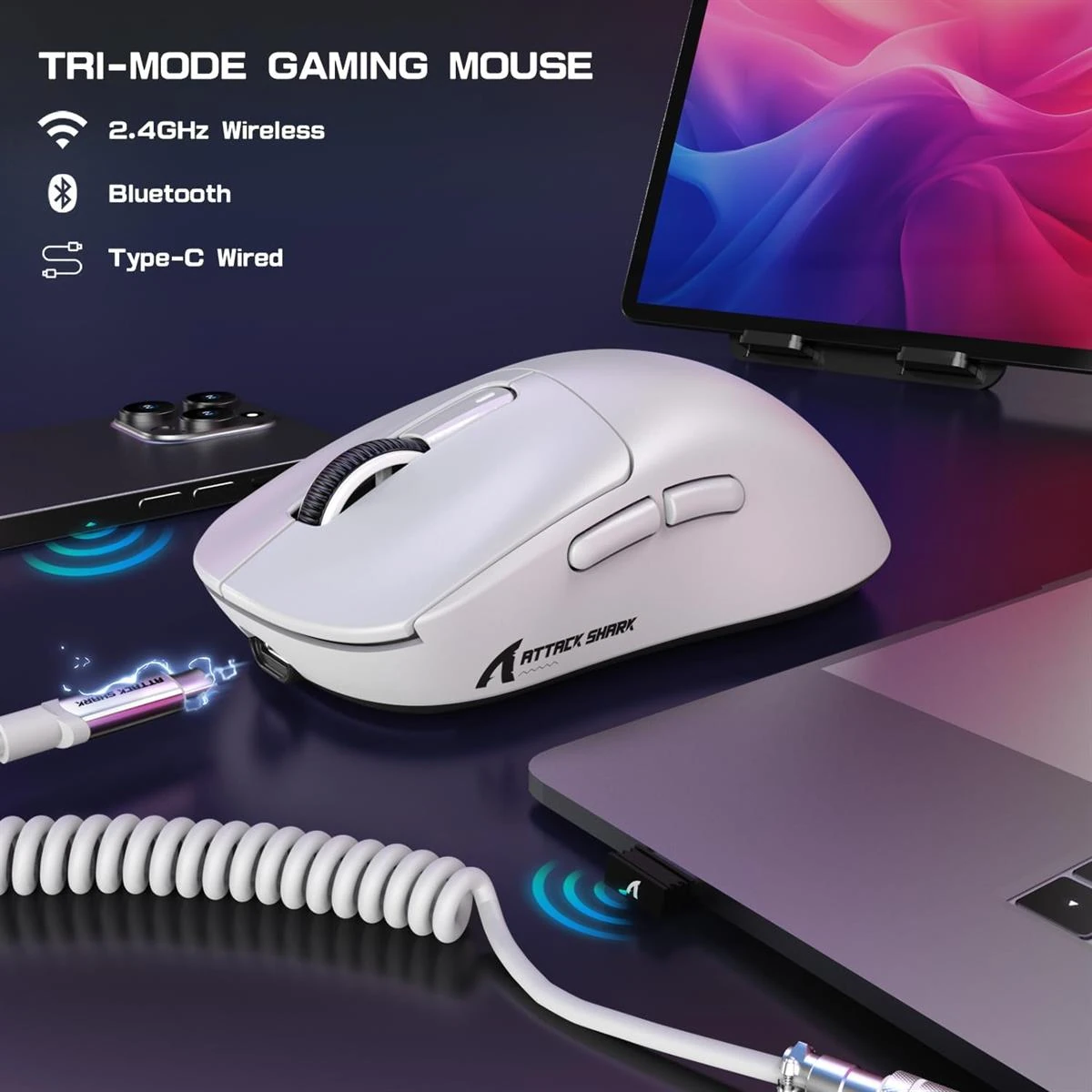Attack Shark X3Max Wireless Gaming Mouse, PixArt PAW3950 Gaming Sensor, Up to 42K DPI, 100 Million Micro, 49g Lightweight Tri-Mode (BT5.2/2.4GHz/Wired) - White (with Grip Tape) - Image 3